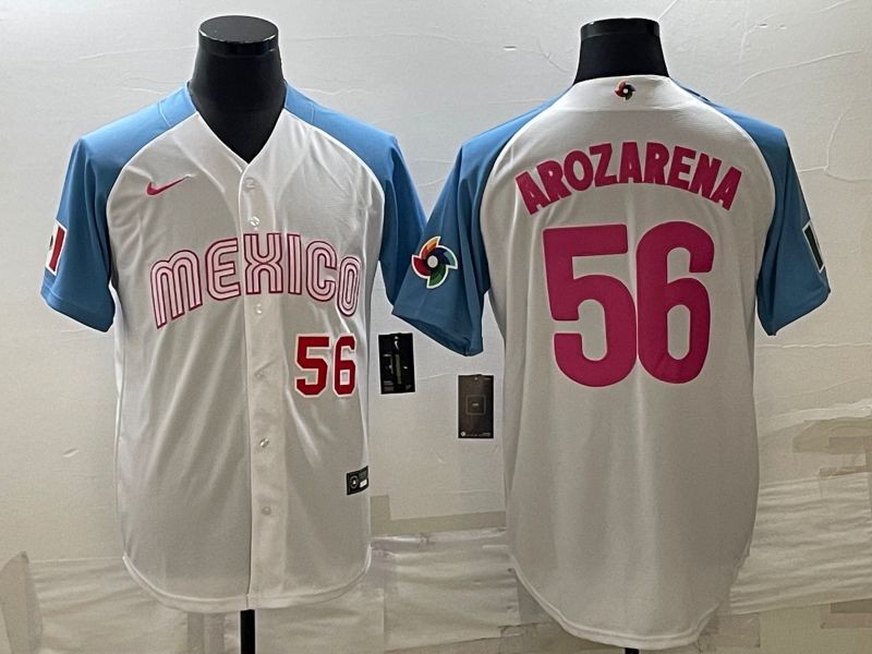 Men 2023 World Cub Mexico #56 Arozarena White blue Nike MLB Jersey4